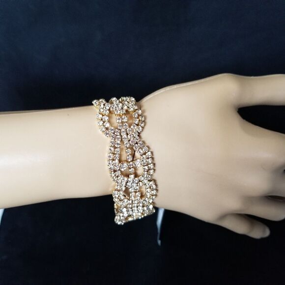 Prom Wedding Gold Rhinestone Evening Bracelet 7" Party gift - Picture 3 of 4